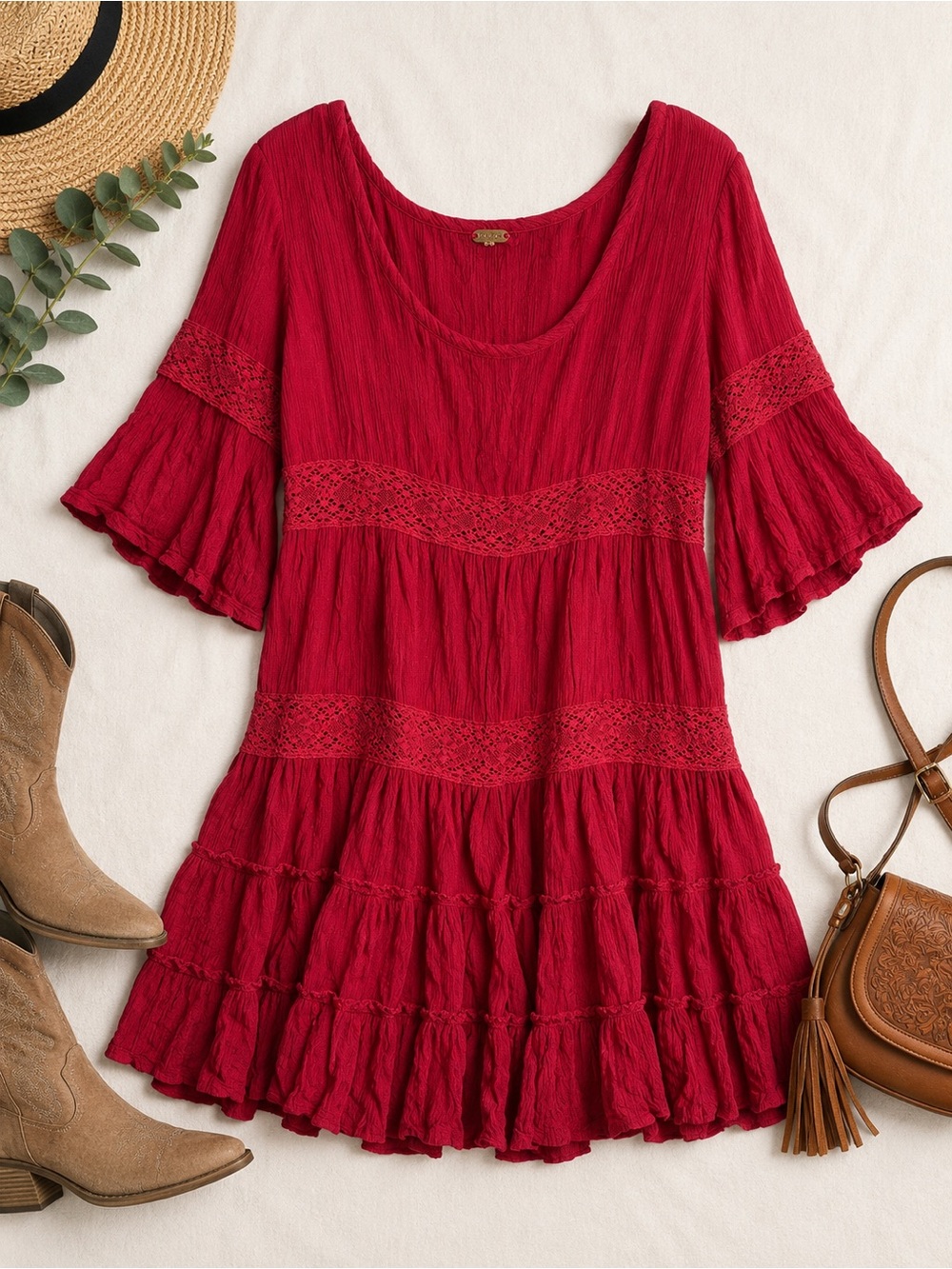 Free People Boho Red Tiered Mini Dress Lace Bell Sleeve Festival Cottagecore